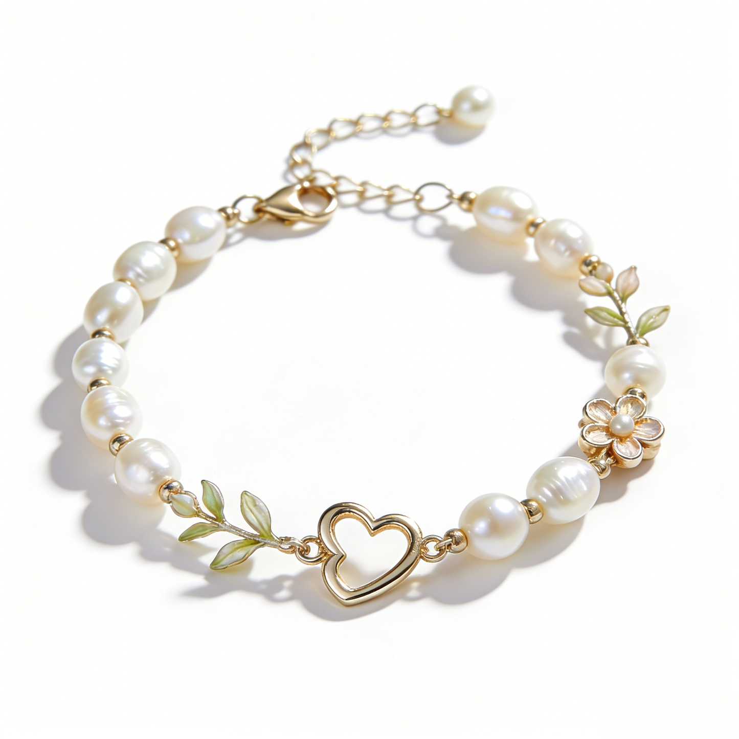 Gold Open Heart & Floral Pearl Bracelet