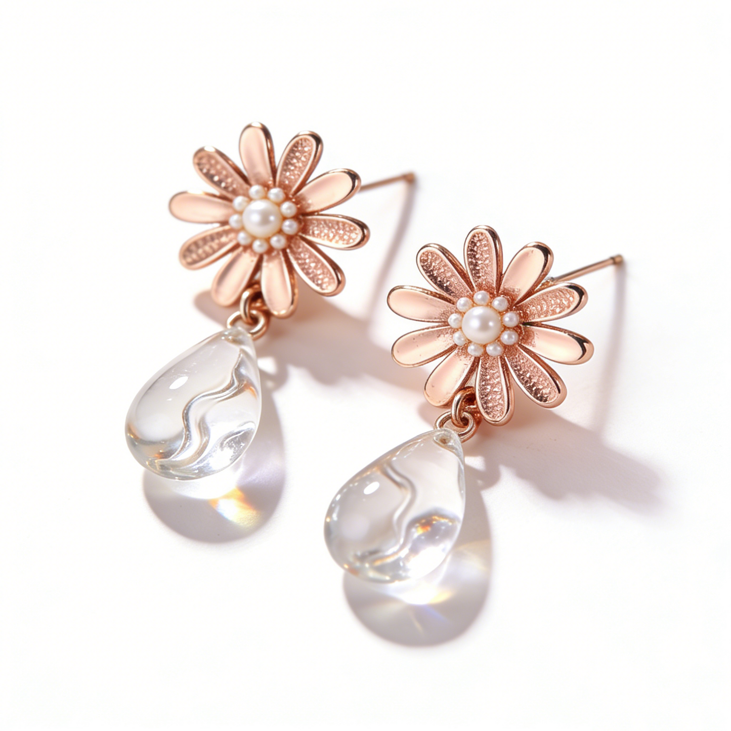 Rose Gold Daisy & Teardrop Crystal Drop Earrings