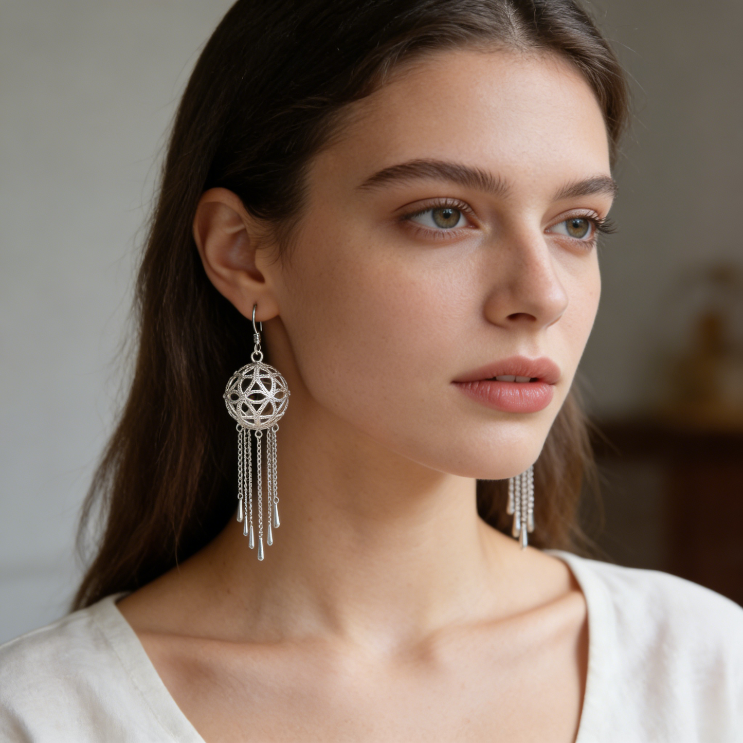 Silver Filigree Ball & Tassel Drop Earrings