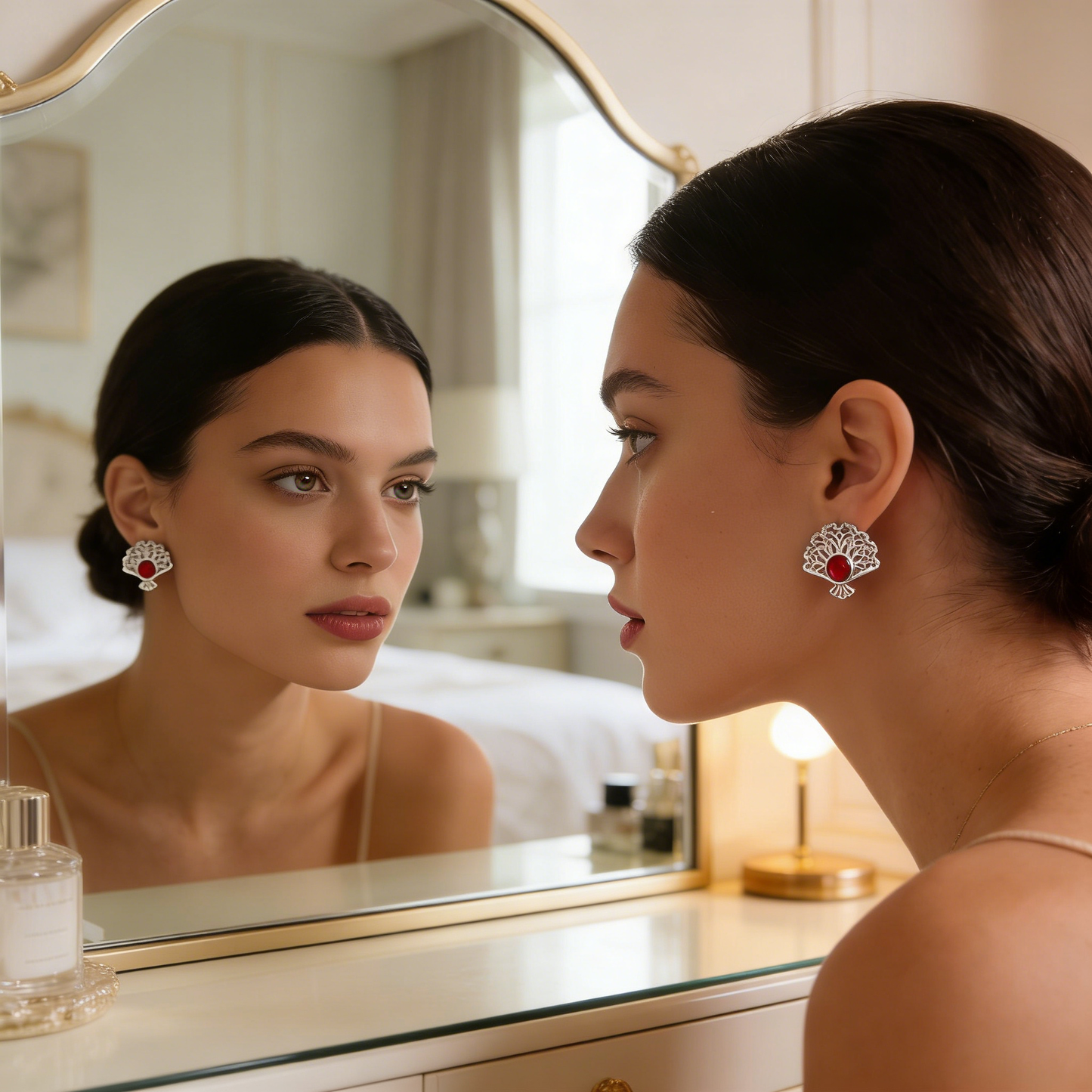 Silver Fan & Red Gem Stud Earrings