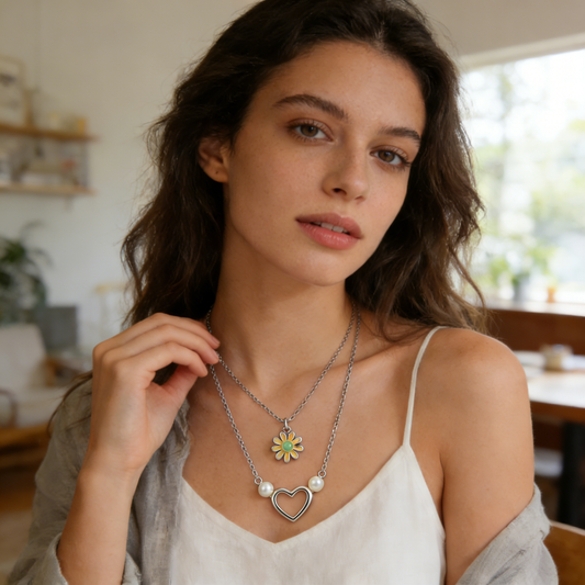 Double Layer Daisy & Heart Pearl Necklace